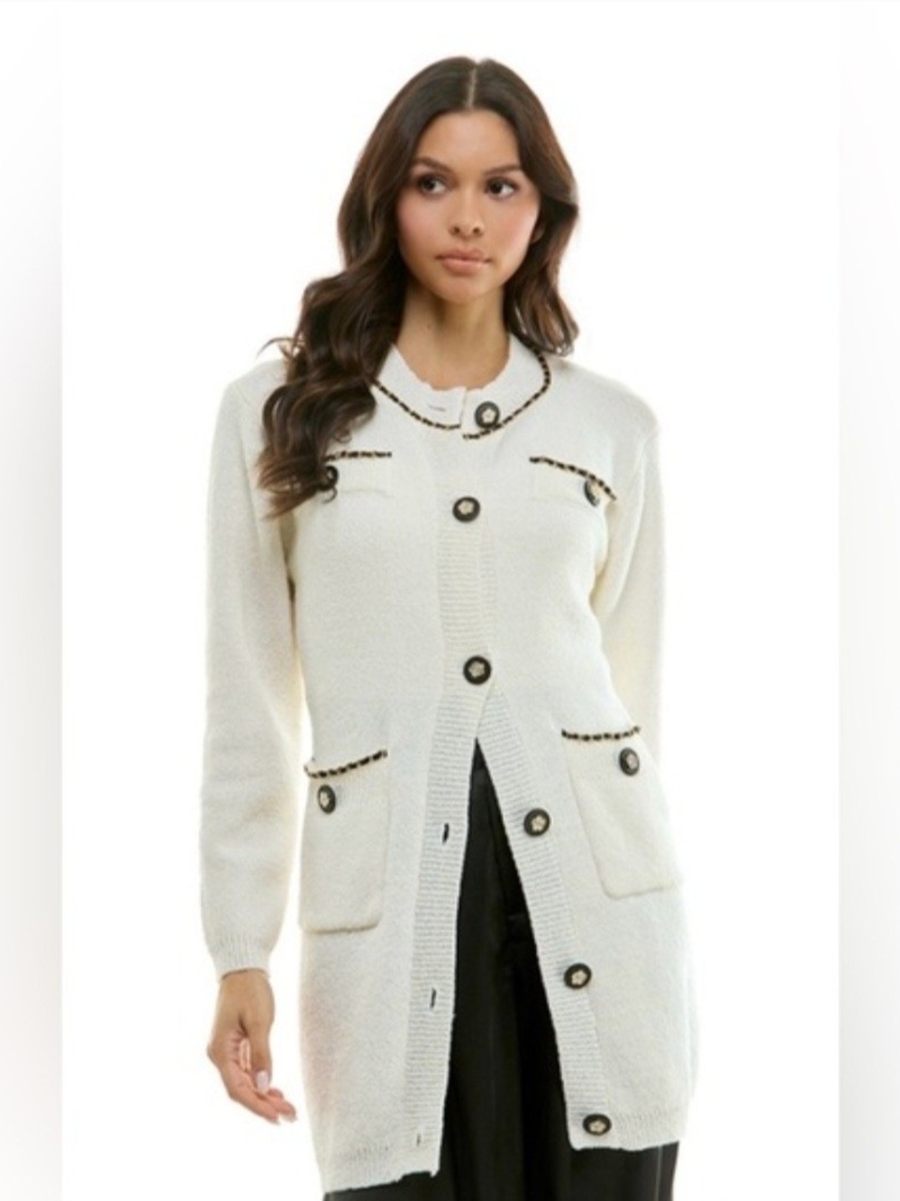 Cream Long Knit Cardigan Sweater with Contrast Trim